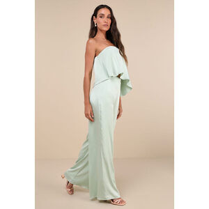 Lulus Sincerely Exceptional Sage Satin Strapless Two-piece Jumpsuit Green